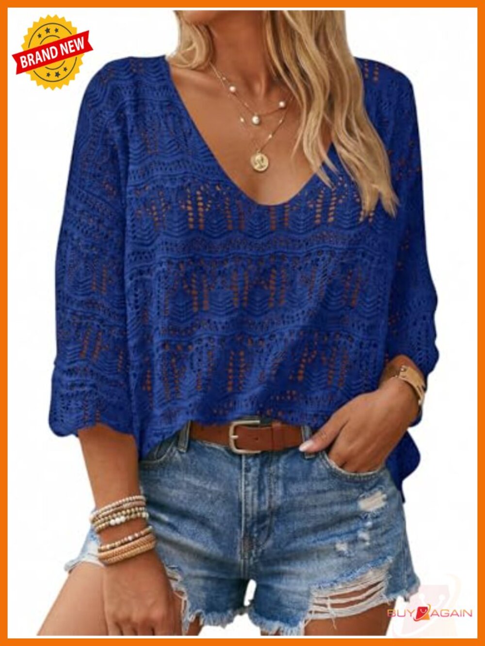Crochet Knit V-Neck 3/4 Sleeve Swim Cover-Up Sweater Top